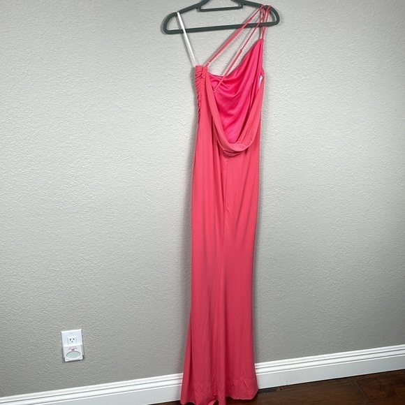 New Katie May Winnipeg One Shoulder Ruched Knit Gown Slit Coral Pink Sz M - Picture 5 of 12